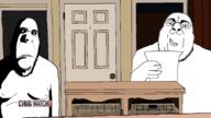 2soyjaks arm biting_lip closed_mouth distorted door drawn_background fat frown glasses hand holding_object house mustache news ominous shadow soyjak stubble subvariant:hornyson table text variant:chugsjak variant:cobson white_eyes // 1920x1080 // 200.0KB