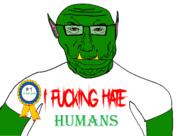 angry arm badge blood bloodshot_eyes closed_mouth clothes ear fangs glasses goblin green_skin i_hate ork punisher_face redraw ribbon soyjak stubble subvariant:science_lover tusk variant:markiplier_soyjak wrinkles // 1388x983 // 269.3KB