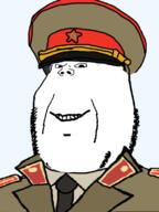 closed_mouth clothes coat collar_tabs collared_coat collared_shirt communism ear epaulettes hammer_and_sickle hat hat_ornament jacket kuz military military_hat military_jacket military_uniform necktie peaked_cap small_eyes smile soviet_army_uniform soviet_union soyjak star star_(symbol) star_hat_ornament stubble subvariant:michijak subvariant:wholesome_soyjak uniform variant:gapejak // 600x800 // 119.7KB