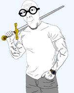 arm aryan bald beard big_glasses buff closed_mouth clothes dann_florek double_chin flintstones glasses gray_pants grey_pants hair hand holding_object holding_sword lips mr_slate muscles no_eyebrows round_glasses smile smirk smug soyjak stubble subvariant:muscular_chud2 sword template the_flintstones the_flintstones_(1994) transparent_background tshirt variant:slatejak watch white_shirt // 1514x1910 // 293.6KB
