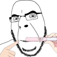 finger glasses hand holding_object looking_at_you open_mouth pointing pregnancy_test pregnant smile soyjak stubble variant:cobson // 800x800 // 202.1KB