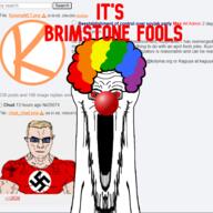 april_fools brimstone brimstone_fools clown clown_nose clown_wig glasses ib.kolyma.org kolyma kolymanet kuz max_(user) mouth_open red_shirt subvariant:muscular_chud swastika variant:chudjak variant:soyak website yellow_hair // 4096x4096 // 4.5MB