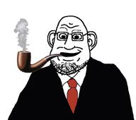 clothes fat glasses holding_object holding_phone man_tits nuvariant pipe skin smile soyjak stubble suit variant:firstjak white // 1074x950 // 251.7KB