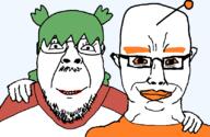 2soyjaks 4chan anime antenna chud_troon_alliance closed_mouth clothes friendship green_hair hair hugging looking_at_you orange_eyes orange_shirt reddit smile snoo stubble subvariant:chudjak_front variant:bernd variant:chudjak yotsoyba // 834x541 // 41.4KB