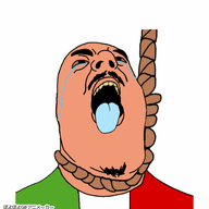 animated bald bloodshot_eyes brown_skin byonbyon countrywar crying dead flag flag:italy goatee hanging italy mustache open_mouth poyopoyo rope shitaly soyjak suicide tongue variant:hydejak yellow_teeth // 389x400 // 315.1KB