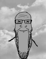calm closed_mouth cloud dead glasses grey grey_background grey_skin greyscale irl_background overcast sky smile soyjak stretched_chin stubble variant:markiplier_soyjak x_eyes // 781x1000 // 171.6KB