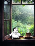 artist:thaishaty_82 closed_eyes closed_mouth coffee fat nature rain smile variant:chudjak window // 736x977 // 356.3KB