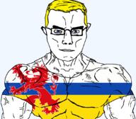 animal arm blue_eyes buff closed_mouth clothes flag flag:limburg glasses hair limburg lion netherlands soyjak subvariant:chudjak_front subvariant:muscular_chud transparent transparent_background tshirt variant:chudjak vein yellow_hair // 1059x929 // 151.8KB