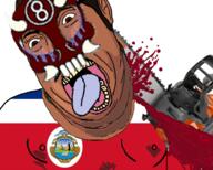 8ball96 8ball9615 blood brown_skin chainsaw clothes costa_rica crying decapitation fat flag flag:costa_rica gore hair mask mexico mustache sal_vulcano shadow soyjak subvariant:chainsaw_bernd subvariant:hornyson tongue tshirt variant:cobson // 1580x1267 // 1.3MB