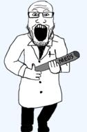 clothes doctor dr_sprokeberg full_body glasses hand holding_object open_mouth soyjak stubble text variant:markiplier_soyjak // 360x550 // 66.8KB
