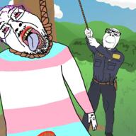 2soyjaks ack arm background badge beard belt bloodshot_eyes bush clitty_leakage closed_mouth clothes coaltent_cop crying full_body glasses gun hair hanging hills holster leg noose open_mouth perspective purple_hair rope shoe sky smile soyjak stubble tranny tree variant:bernd variant:dubbbzjak walkie_talkie // 1500x1500 // 171.0KB