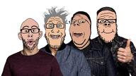 4soyjaks bald blue_eyes brian_quinn clothes ear forehead_lines forehead_wrinkles glasses grey_hair hair hand impractical_jokers james_murray joe_gatto mustache sal_vulcano smile soyjak stubble subvariant:wholesome_soyjak tan_skin thumbs_up variant:a24_slowburn_soyjak variant:gapejak variant:markiplier_soyjak variant:nojak wallpaper white_skin // 2048x1152 // 2.5MB