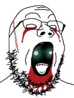 2soyjaks black_skin blood blood_drip blood_from_eyes blood_from_mouth blood_on_face crying cut eating glasses no_eyes open_mouth soyjak stitches stubble subvariant:soyak_(crazed) thougher variant:gapejak variant:soyak vore // 600x800 // 61.7KB