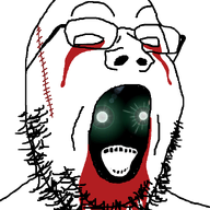 2soyjaks black_skin blood blood_drip blood_from_eyes blood_from_mouth blood_on_face crying cut eating glasses no_eyes open_mouth soyjak stitches stubble subvariant:soyak_(crazed) thougher variant:gapejak variant:soyak vore // 600x800 // 61.7KB