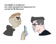 acne angry balding black_shirt blond chad chinless closed_mouth clothes ear eye_bags glasses grey_skin hair hand holding_phone hoodie incel lips looking_at_each_other nordic_chad realistic reality shaved side_profile smile soyjak text thick_eyebrows tiktok variant:chudjak white_skin // 1024x805 // 315.7KB