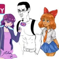 bag belt black_hair bow clothes earring flag:united_kingdom glasses meta:not_oc muscles mymy_(ongezellig) necklace necktie ongezellig orange_hair orange_skin pathways purple_hair skirt variant:chudjak white_background white_skin // 1290x1285 // 691.3KB