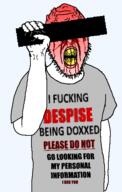 arm blood censored closed_mouth clothes cracked_teeth crying dox full_body grey_shirt holding_object nosebleed red_skin rotten_teeth seething soyjak stubble text variant:tewi // 357x563 // 31.5KB