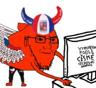 anger_mark animal bird closed_mouth clothes computer concerned czech_text czechia eagle feather fish flag flag:czechia frown full_body glasses hair hat heart holding_object horn lion orange_skin red_skin soyjak stubble variant:soyak // 1000x918 // 384.9KB