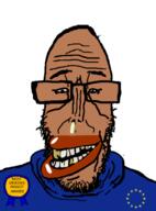 award beard big_lips brown_skin crying european european_union flag flag:european_union glasses happy most_obsessed_faggot_award mutt red_eyes shitskin star_(symbol) subvariant:euromutt sweater teeth variant:markiplier_soyjak // 488x659 // 89.1KB