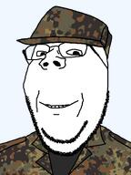 collared_shirt epaulettes flecktarn_pattern glasses larp looking_at_you military military_cap military_uniform soyjak stubble subvariant:wholesome_soyjak teeth variant:gapejak // 700x933 // 213.8KB
