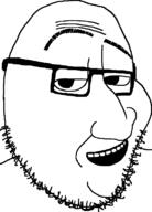 eyebrows glasses megamind open_mouth raised_eyebrow smile smug soyjak stubble variant:smugjak // 554x772 // 31.3KB