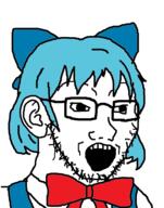 anime blue_hair bowtie cirno clothes dress ear female glasses hair open_mouth soyjak stubble touhou variant:soyak video_game // 753x960 // 335.0KB