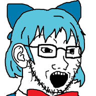 anime blue_hair bowtie cirno clothes dress ear female glasses hair open_mouth soyjak stubble touhou variant:soyak video_game // 753x960 // 335.0KB