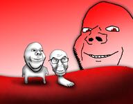 3soyjaks background foot full_body glasses gradient grass looking_to_the_right red red_eyes red_grass red_sky shading smile soyjak stubble variant:feraljak variant:impish // 1532x1203 // 1.1MB