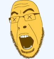 dead emoticon glasses open_mouth series:soymoji soyjak stubble variant:cobson x_eyes yellow yellow_skin // 721x789 // 40.8KB
