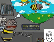 amphibian animal bald bee calendar chain closed_eyes closed_mouth corporation crying flower flying frog glasses grass honey nas:pepe neutral pepe_the_frog plant prison_cell prisoner sad stubble subvariant:neutralplier sun thought_bubble variant:markiplier_soyjak wing // 1920x1492 // 374.3KB