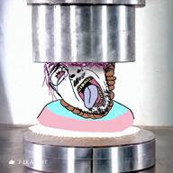 bloodshot_eyes crushed crushing crying dead flag glasses hair hanging hydraulic_press meta:ai_generated mustache open_mouth pika.art purple_hair rope sound soyjak stubble suicide template tongue tranny variant:bernd video watermark yellow_teeth // 960x960, 5s // 2.2MB