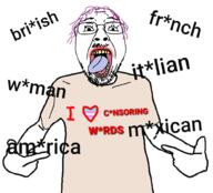 arm asterisk british censored clothes france glasses hair hand heart i_love italy mexico mustache open_mouth pointing purple_hair r_196 racism safe_edgy soyjak stubble tranny tshirt united_states variant:bernd variant:shirtjak woman // 1000x904 // 312.8KB