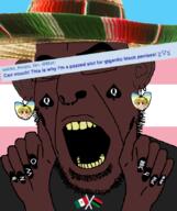 africa anime black_shirt black_skin blacked brown_skin clothes flag hat map_(pedophile) mexico nails painted_nails pan_african pedophile queen_of_spades satoko_houjou(namefag) sombrero soybooru subvariant:spadeson transgender_flag variant:cobson yellow_teeth // 723x861 // 300.8KB