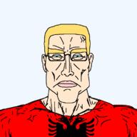 a10_eyes albania aryan blue_eyes buff closed_mouth ear flag flag:albania front_facing glasses hair muscles muscular_male soyjak subvariant:perceptive_chud variant:chudjak yellow_hair // 799x799 // 28.7KB