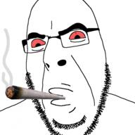 bloodshot_eyes glasses lips looking_down red_eyes smoke smoking soyjak stubble variant:cobson weed // 600x599 // 173.6KB