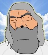 beard closed_eyes closed_mouth glasses god grey_hair hair irl_background sky soyjak variant:cobson white_skin // 721x828 // 131.3KB