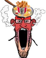 angry ear food frying_pan fume glasses hothead kfc open_mouth red soyjak stretched_mouth stubble variant:markiplier_soyjak // 785x1000 // 311.9KB