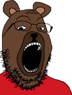 animal bald bear brown_skin clothes ear eyebrows glasses open_mouth red_shirt soyjak stubble subnas:bobo teeth variant:gapejak // 728x962 // 459.0KB
