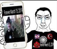 brenton_tarrant christchurch_shooting closed_mouth crying hair hand holding_object holding_phone iphone islam israel jews nazism phone sonnenrad soyjak text thumbs_up variant:chudjak white_skin // 2386x2058 // 592.1KB