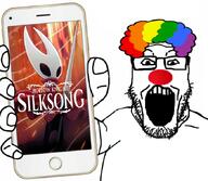 clown glasses holding_phone hollow_knight indie open_mouth phone showing_phone silksong variant:markiplier_soyjak video_game videogame // 680x593 // 342.6KB