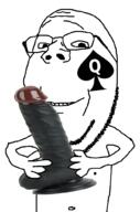 arm belly_button dildo glasses hand holding_dildo holding_object looking_at_you nipple open_mouth queen_of_spades smile spade stubble subvariant:wholesome_soyjak variant:gapejak white_background white_skin // 676x1021 // 170.3KB