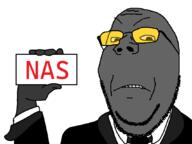 angry arm bowtie clothes frown glasses grey_skin hand holding_object nas soot soot_colors soyjak soyjak_party stubble subvariant:wholesome_soyjak suit text variant:gapejak // 1070x800 // 32.9KB