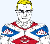 arm aryan blue_eyes british buff closed_mouth clothes ear flag flag:great_bernera glasses great_bernera hair leg scotland ship soyjak subvariant:chudjak_front subvariant:muscular_chud tshirt united_kingdom variant:chudjak vein yellow_hair // 1059x929 // 156.0KB
