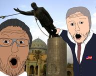 arm badge black_skin brown_skin clothes colin_powell country flag george_bush_jr glasses grey_hair hand iraq irl_background mustache necktie old open_mouth pointing president saddam_hussein soyjak star star_of_david statue stubble suit united_states variant:two_pointing_soyjaks war white_skin // 4096x3239 // 6.1MB