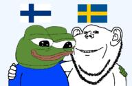 amphibian blue_shirt flag:finland flag:sweden frog green_skin hugging lips meme nas:pepe pepe_the_frog smile subnas:apu variant:impish_soyak_ears // 1112x726 // 52.2KB