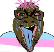 brown_skin brown_troonjak clothes crying flag flag:transgender_pride_flag glasses pink_hair soyjak stubble subvariant:seethejak teeth tongue tranny variant:bernd yellow_teeth // 255x242 // 58.2KB