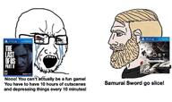 bloodshot_eyes crying ghost_of_tsushima glasses nordic_chad open_mouth playstation soyjak stubble text the_last_of_us variant:soyak video_game // 1219x721 // 76.7KB