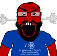 angry arm beard clothes fume glasses heart i_love open_mouth red_skin soyjak subvariant:science_lover text tshirt variant:markiplier_soyjak world_federalism // 800x789 // 2.4MB