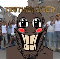anime_eyes big_teeth black_skin blue_eyes blush brown_eyes crowd glasses grin happy nigger stubble trvthnvke variant:markiplier_soyjak // 596x587 // 115.7KB
