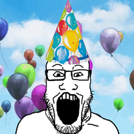 animated balloon excited glasses open_mouth party_hat soyjak stubble variant:markiplier_soyjak // 360x360 // 1.6MB